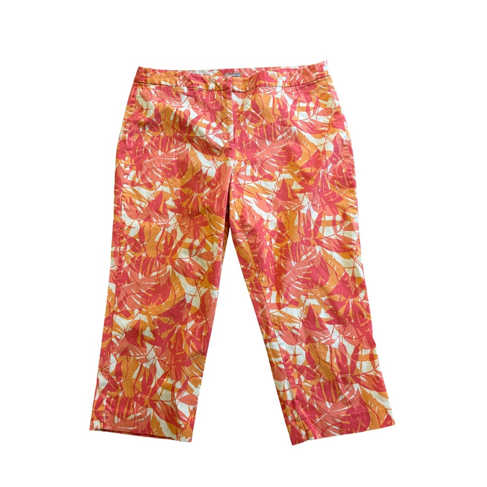 J. Jill Women Pink Orange Tropical Leaf Print Stretch Capri Crop Pants Size 16
